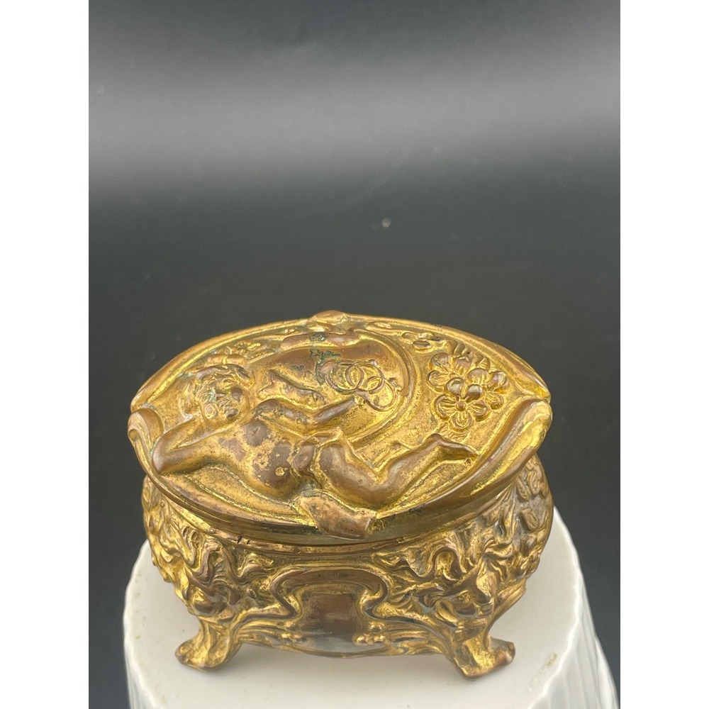 Antique Brass Cherub Jewelry Casket Footed Trinket Box Art Nouveau Figural Putti